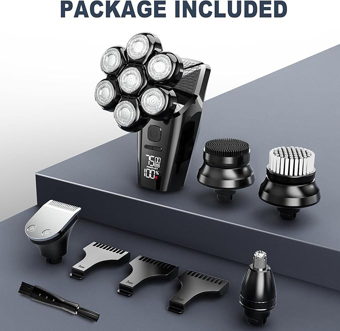 Hexus Head Shavers for Bald Men, Detachable Head Shaver Dry/Wet Bald Head Shaving for Men, IPX7 Waterproof Electric Razor Grooming Kit with LED Display and Type-C Charge, Black