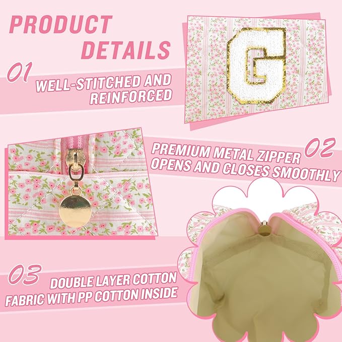 Personalized Quilted Cosmetic Bag, Puffy Monogrammed Christmas Birthday Gifts for Women & Girls, Cute initial Floral Makeup Bag Puffer Coquette Bag, Aesthetic Travel Toiletry Zipper Pouch(Pink,G)