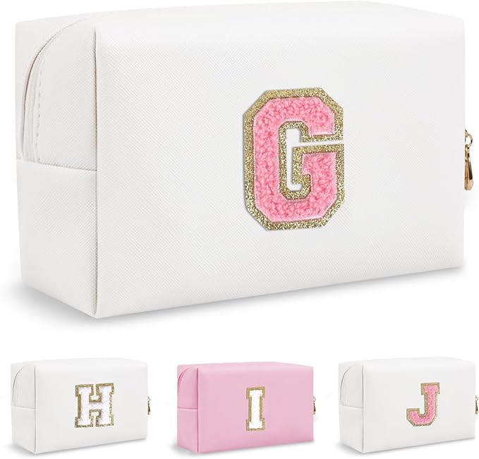 Personalized Initial Preppy Makeup Bag Organizer, Small Travel Cute White Cosmetic Bag Toiletry Zipper Pouch, Portable Waterproof PU Leather Monogram Makeup Case for Teacher Graduation Gift(Letter G)