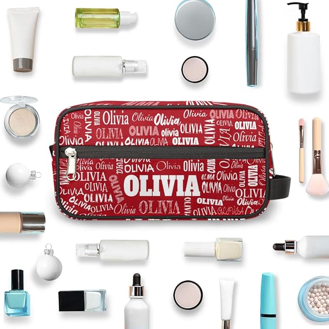 Custom Makeup Toiletry Bag, Personalized Red Travel Cosmetic Organizer Case Portable Bag with Zipper