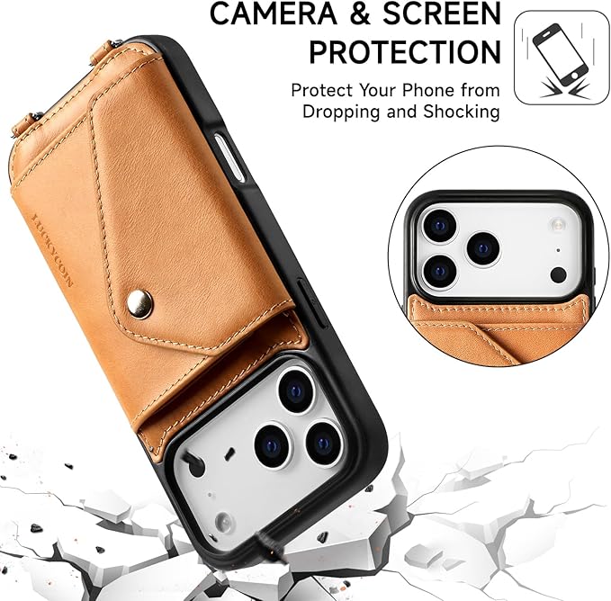 LUCKYCOIN Crossbody Wallet Phone Case for iPhone 17 Pro Max,100% Genuine Leather Wallet Phone Case with Expandable Flip Card Holder,Phone Purse for Women with Adjustable Removable Strap - Brown