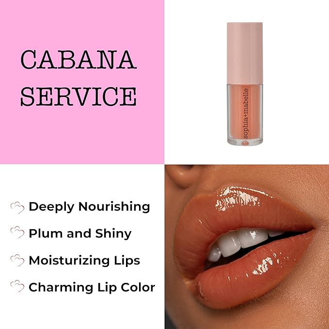 Sophia + Mabelle Hydrating Lip Oil – Lightweight, Non-Sticky & High-Shine Lip Gloss Oil – Moisturizing, Nourishing, Soothing Tinted Formula for Soft Lips – 3.7g (Cabana Service (Peach), 3.7g)