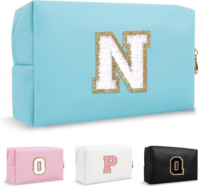 Chenille Letter Personalized Initial Preppy Makeup Bag, Small Cute Blue Cosmetic Zipper Pouch Travel Toiletry Bags, Waterproof PU Monogram Make Up Organizer Gifts for Nurse Nieces Teacher(Letter N)