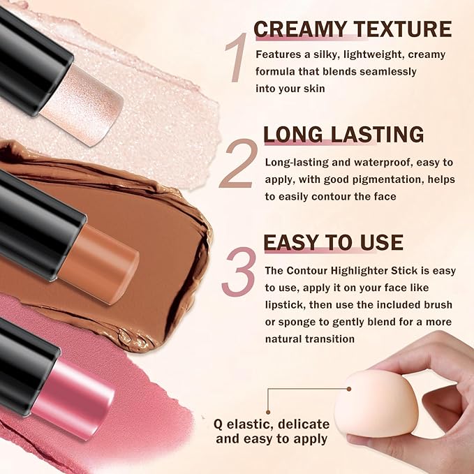 CAHIUYOA 6 Colors Cream Contour Stick Makeup Kit,Highlighter Makeup Stick,Bronzer Contour Stick and Blush Stick for Cheeks,Long Lasting Waterproof Face Highlighter Makeup Contour Kit (Set A)