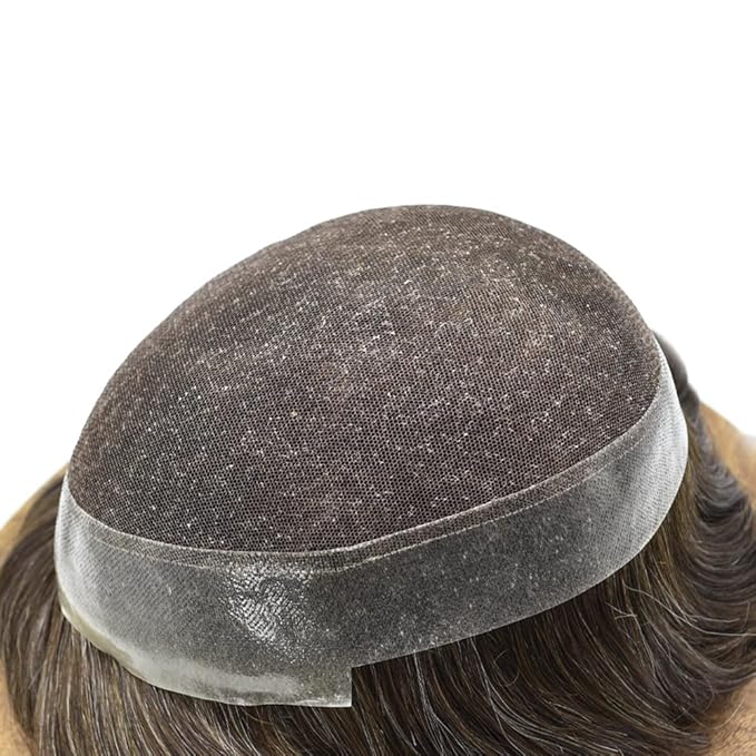 Toupee for Men French Lace Center Hairpieces Human Hair Replacement Systems Lace & Thin Skin Hair Piece Mens Toupee Hair Units for Man 8"X10" #320 3# DARK BROWN WITH 20% SYNTHETIC GREY