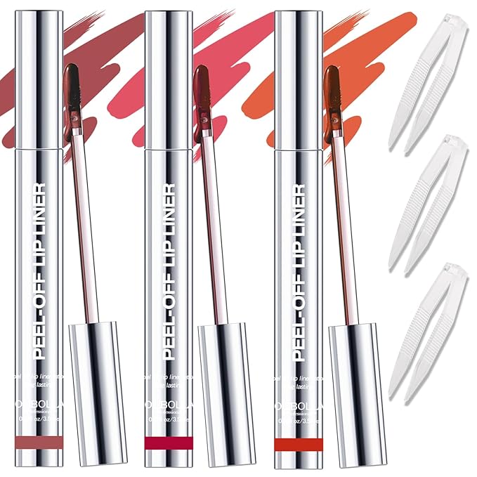 3 Colors Peel Off Lip Liner with Tweezer Kit, Rich Color Matte Finish Lip Tint Stains Makeup Set for Women, Long Lasting, Waterproof, Smudge Proof, For All Skin Types (#3, #6, #7)