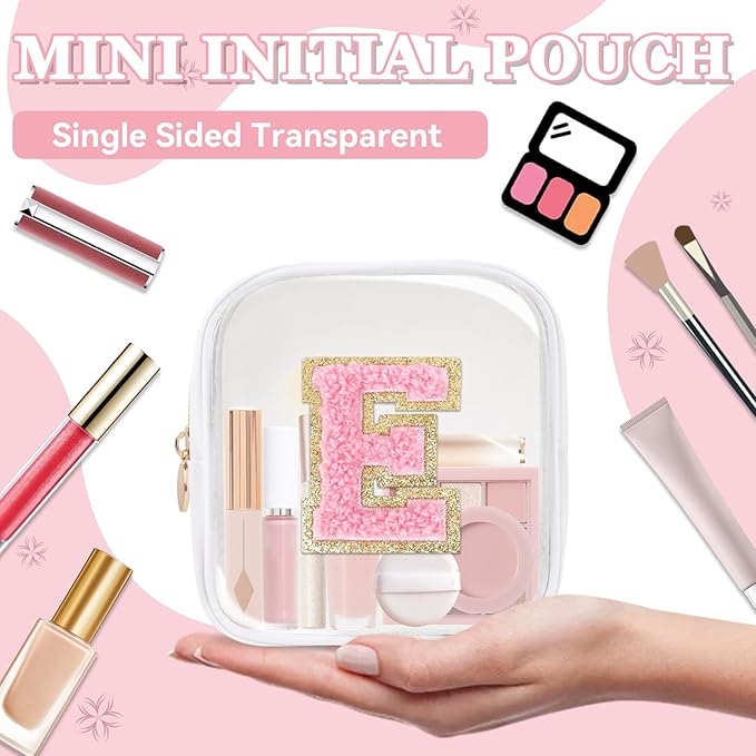 Mini Clear Personalized Initial Makeup Bag,Nylon Preppy A-Z Chenille Letter Patch Zipper Cosmetic Bag, Small Cute Beach Pouch Travel Purse Sanitary Napkin Storage Bag for Women Girls(White-Pink E)