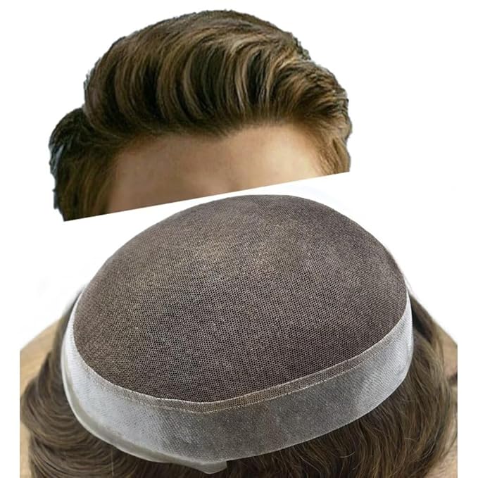 FACE MIRACLE Hair System for Men French Lace Mens Toupee Human Hair Replacement System Lace with PU Toupee for Men Male Hair Piece Wigs 7"X9" #4ASH