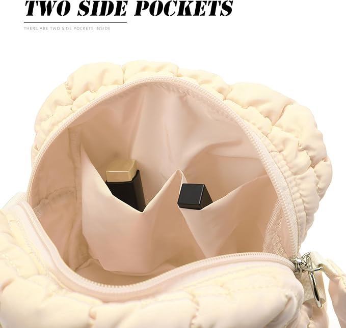 Puffy Quilted Makeup Bag Small Puffer Bag Cosmetic Bags Travel Toiletry Purse for Women, Cute Organizer Pouch, Beige