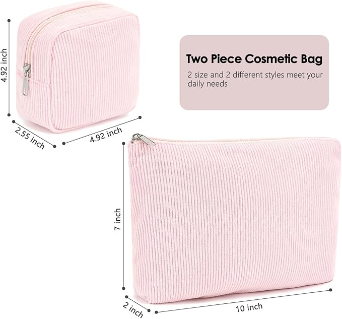 Corduroy Makeup Bag, Travel Cosmetic Bag Organizer Toiletry Bag Make Up Bags with Zipper & Compartments for Women Girls, 2PCS