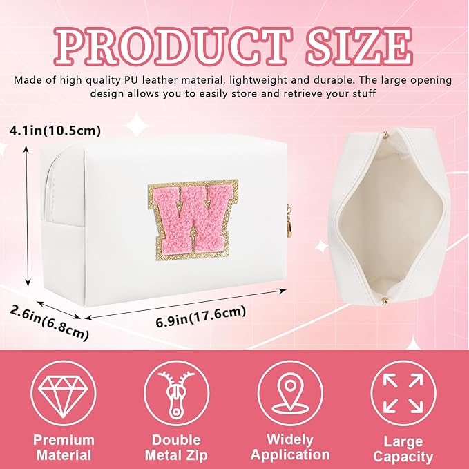 Personalized Initial Letter Patch Makeup Bag, Preppy Portable Chenille Cosmetic Bag with Zipper, PU Leather Waterproof Travel Toiletry Bag Monogram Make Up Pouch for Women Girls