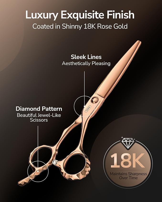ULG Professional Hair Cutting Scissors with Luxury 18K Rose Gold Finish 6.5" Barber Scissors 440C Japanese Stainless Steel Hand-Honed Razor Sharp Blades Offset Handles Tension Adjustable, Right-Handed