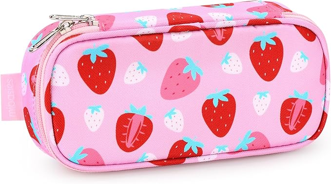 mibasies Girls Pencil Case for Kids, Multi-Slot Pencil Pouch, Assorted Strawberry Red