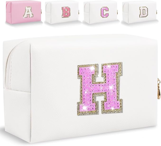 Glitter Initial Letter Makeup Bag, Small Personalized Sequins Letters PU Leather Cosmetic Bag Portable Waterproof Makeup Zipper Pouch, Shine Handbag Organizer Travel Bag Gifts for Women&Girls(White-H)