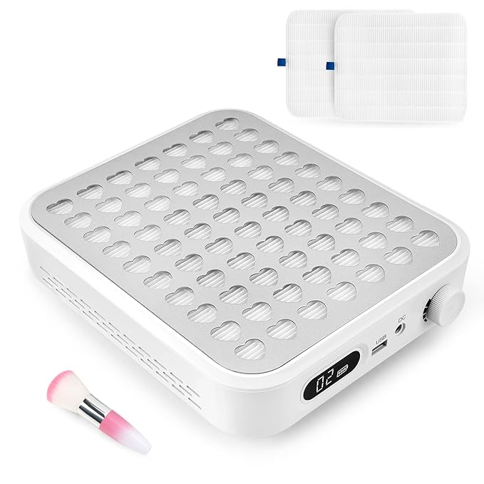 Rechargeable Cordless Nail Dust Collector: Powerful Quiet Nail Fan Vacuum Dust Collector with 2 Filters 1 Brush, Nail Vent Dust Extractor Cleaner for Acrylic Gel Nail Polishing Nail Tech Use, White
