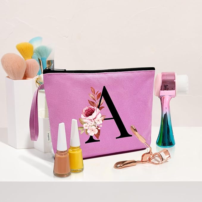 Vavabox A-Z Personalized Makeup Bag, Birthday Gifts for Women Mom, Gifts for Best Friend, Bride Bridesmaid Cosmetic bag (A, Purple)