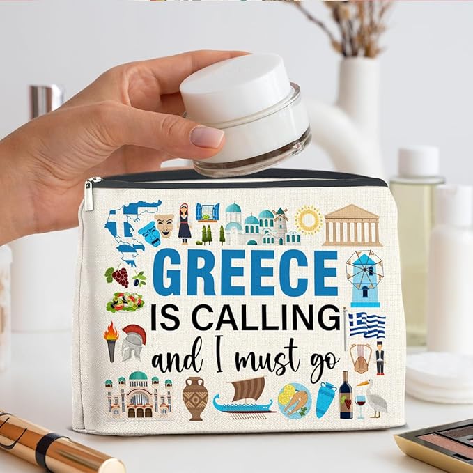 Greece Travel Gifts Makeup Bag Souvenir Gifts for Women Friends Traveler Cosmetic Bag Greece Is Calling Zipper Makeup Pouch Gift