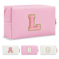 Personalized Initial A-Z Preppy Patch Makeup Bag,Small PU Leather Chenille Letter Cosmetic Bag with Zipper for Teen Girls,Pink Cute Travel Toiletry Bag,Birthday Monogrammed Gift for Daughter,Letter L