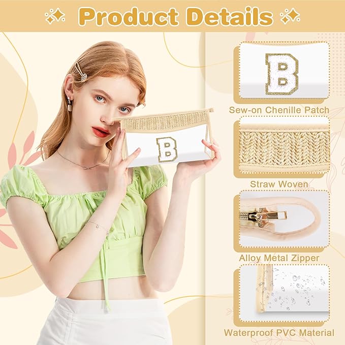 Personalized Initial Letter Bag Boho Straw Clear Makeup Bag,Small Cute Chenille Varsity Letter Bag With Zipper,Beach Travel Toiletry Bag,Portable Monogrammed Cosmetic Bag for Women Girls,B