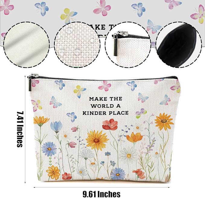 Inspirational Makeup Bag - Make The World A Kinder Place, Floral Positive Affirmations Cosmetic Bag Motivational Gifts for Women Travel Organizer Zipper Pouch Graduation Birthday Friendship Gifts