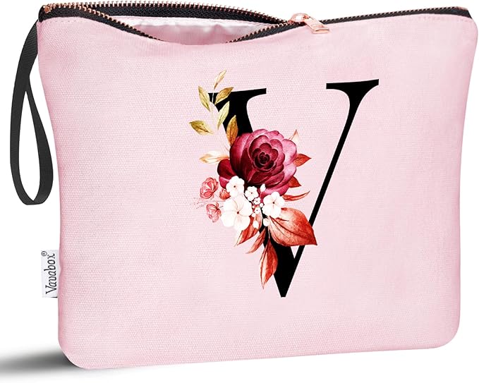 Vavabox A-Z Personalized Makeup Bag, Birthday Gifts for Women Mom, Gifts for Best Friend, Bride Bridesmaid Cosmetic bag (V, Pink)