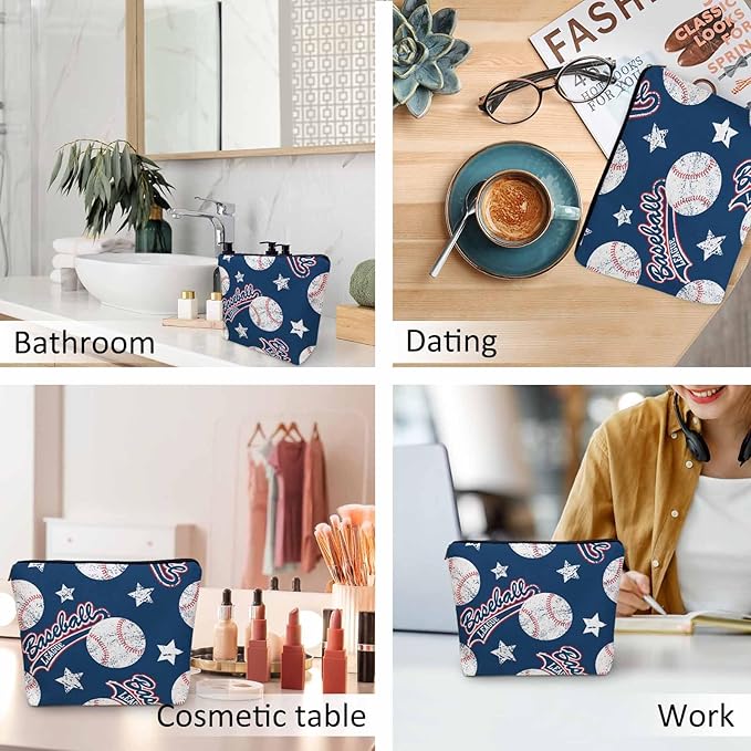 Baseball Makeup Organizer Bag Cosmetic Bag For Men Women, Sports Ball Softball Baseball Blue Travel Toiletry Bag Flax Makeup Bags Purse Business Makeup Pouch For Toiletries Cosmetics