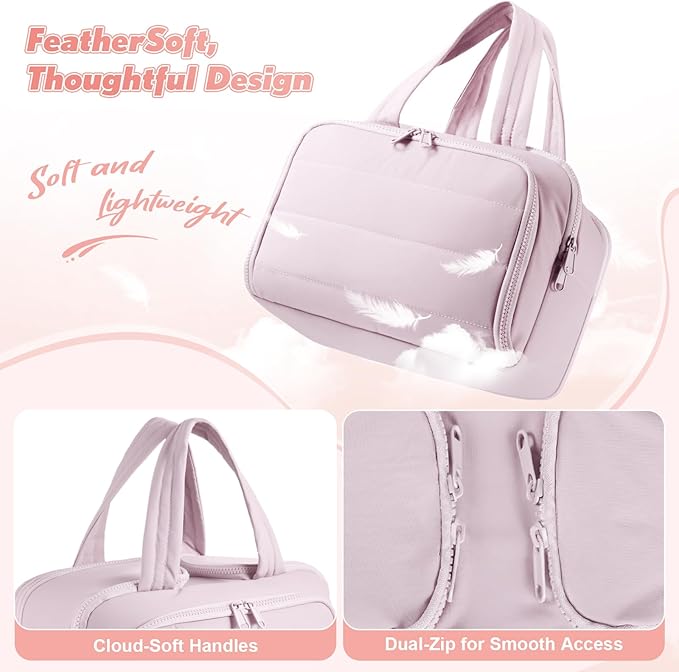 Travel Toiletry Bag:  Large Capacity, 4 Compartments, Wet/Dry Separation, Ultra-Soft Lightweight Fabric & Anti-Spill Design for Travel,Gym,Gift(11.8" L) (Soft Pink)