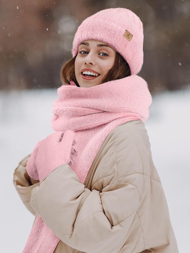 Winter Beanie Hat Scarf Gloves, Warm Fleece Knit Hat Long Scarf Neck Warmer Touch Screen Winter Gloves Set Gifts for Women