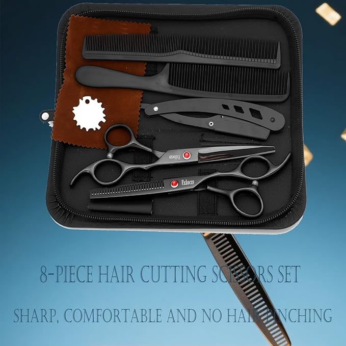 Hair Scissors Professional Set - Steel Barber Shears with Offset Handle, Thinning & Straight Scissors for Salon & Home Hair Cutting