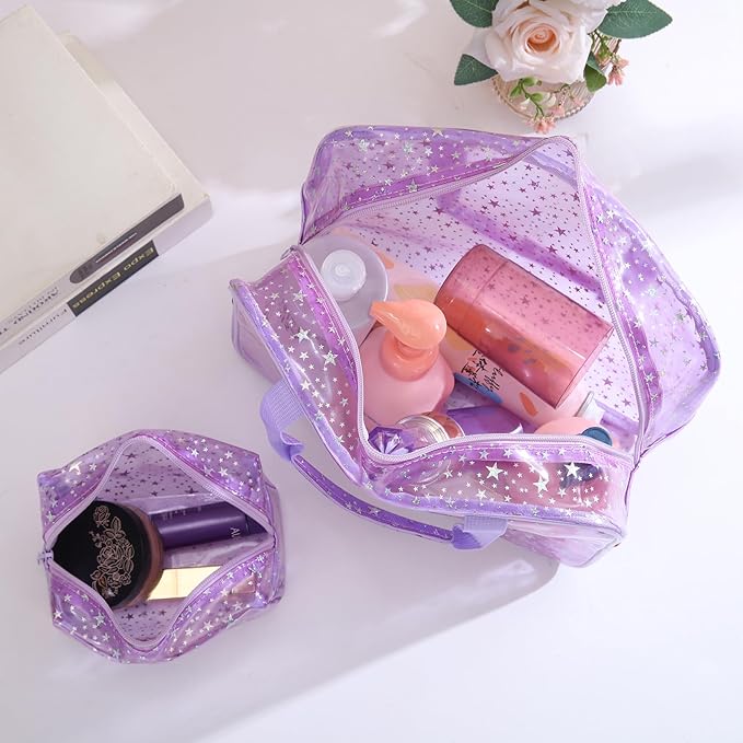 Yaopeing 2Pcs PVC Clear Makeup Bag Organizer for Women,Star Transparent Cosmetic Case Travel Toiletry Pouch with Zipper,Large Make Up Purse for Daily Accessory,Purple