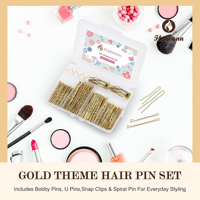 Bobby Pins Set Gold – Hair Accessories Kit for Women & Girls with Bobby Pins, U Shape & Spiral Pin, Perfect for Weddings, Styling, Updos & Buns