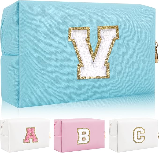 Personalized Initial Letter Patch Makeup Bag, Preppy Portable Chenille Letter Cosmetic Bag with Zipper, PU Leather Waterproof Travel Toiletry Bag Monogram Make Up Pouch for Women Girls