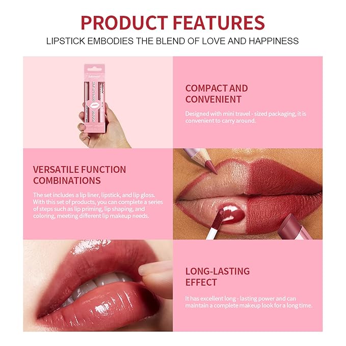 3PCS Lip Liner and Lipstick Combo Set - Matte Lip Liner Pencil, Velvet Matte Lipstick & Hydrating Collagen Lip Gloss - Long-Lasting, Smudge-Proof, High Pigment Nude Pink Lip Makeup Kit (Nude Pink)