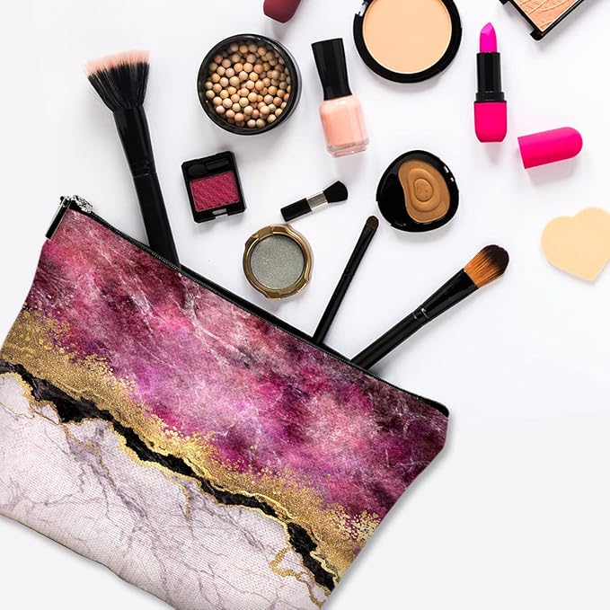 Cute Makeup Bag for Purse Canvas Waterproof Funny Cosmetic Bags for Women Zipper Travel Toiletry Pouch-Wine Marble Makeup Bags