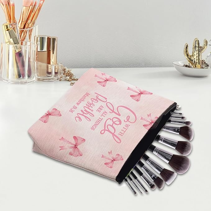 Bible Makeup Bag for Women, Christian Gifts for Women, Prayer Bible Supplies, Cute Aesthetic Coquette Pink Bow Cosmetic Bag Pouch