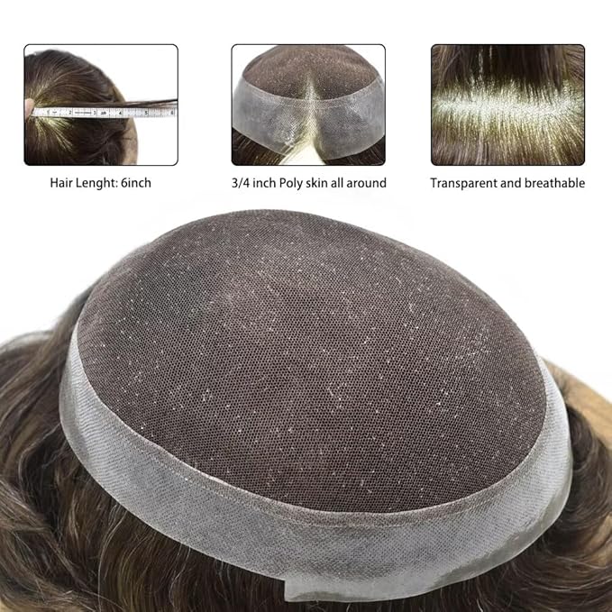 FACE MIRACLE Toupee for Men Lace Center Mens Toupee Hairpiece for Man Human Hair Replacement System Lace Center with Poly around Hair Units Mens Wig Hair Prosthesis 6"X8" #310 Dark Brown with 10% Gray