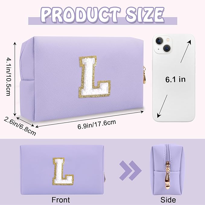 Personalized Initial Preppy Makeup Bag Organizer, Small Purple Cute Cosmetic Bag Travel Toiletry Zipper Pouch for Women, Portable Waterproof PU Makeup Case Birthday Gifts for Friends Teacher(Letter L)