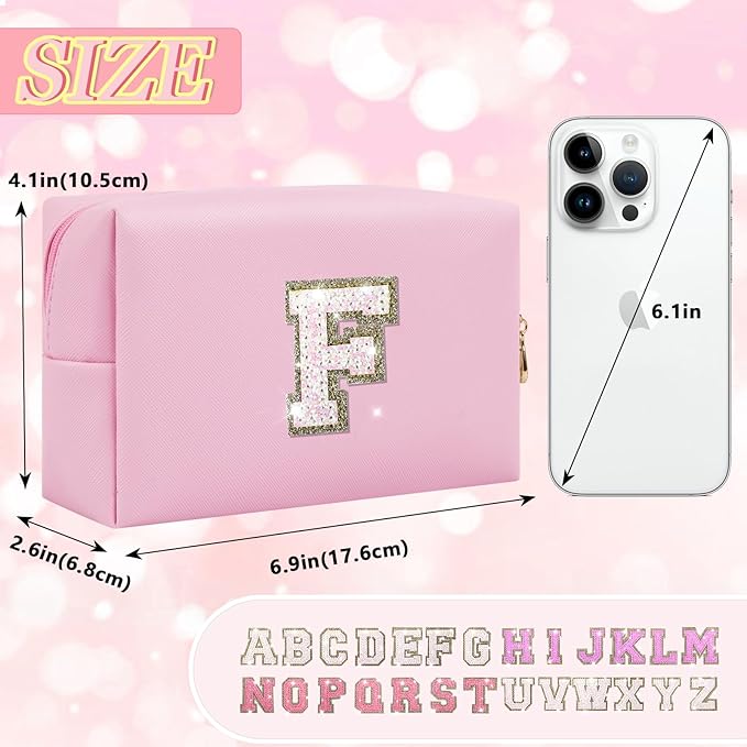 Personalized Initial Letter Makeup Bag, Preppy Glitter Letter Patch Cosmetic Pouch Zipper,PU Waterproof Travel Toiletry Bag Cute Makeup Organizer Monogrammed Make Up Bag,Gift for Women Girls(Letter F)