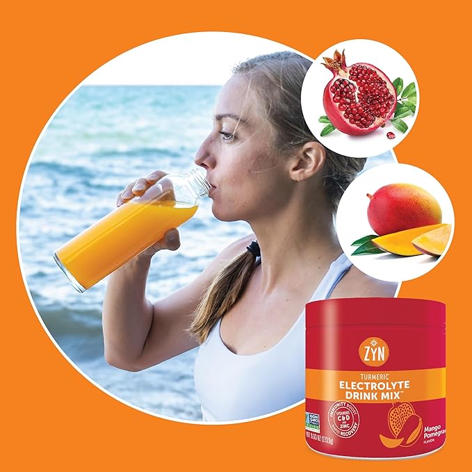 ZYN Electrolyte Hydration Drink Mix (30 Servings), Mango Pomegranate Electrolytes Powder, Hydrating Formula w/Turmeric Curcumin, Vitamin C & D, Zinc, Electrolyte Support Drink Mix