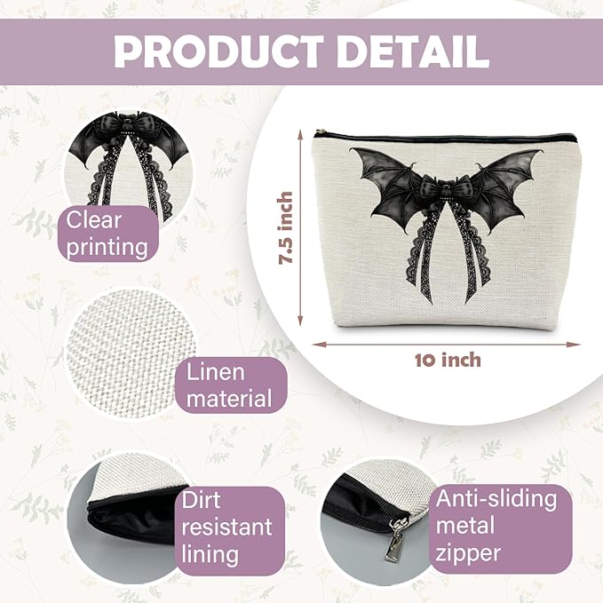 Halloween Coquette Lace Bow Bat Cosmetic Bag - Gothic Black, Girly Makeup Pouch