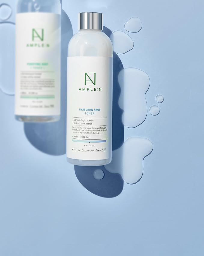 Ample:N Hyaluron Shot Toner – Korean Hyaluronic Acid and Ceramide Hydrating Face Toner - Moisturizing Essence for Minimizing Wrinkles – Dewy Healthy Glow Skin Booster for Dry Skin, 20.3 fl.oz.