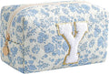Gleyemor Personalized Initial Makeup Bag for Women, Cute Quilted Blue Floral Cotton Cosmetic Bag, Christmas Gifts for Her Mom Friend Sister Bridesmaid Teacher Women Y