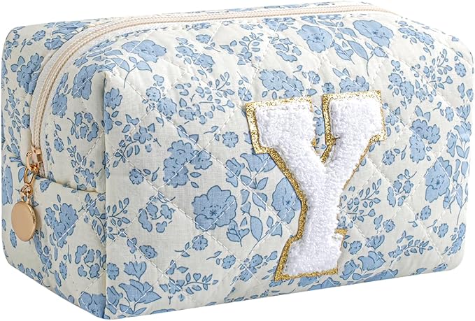 Gleyemor Personalized Initial Makeup Bag for Women, Cute Quilted Blue Floral Cotton Cosmetic Bag, Christmas Gifts for Her Mom Friend Sister Bridesmaid Teacher Women Y