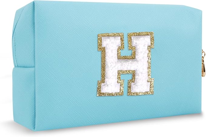 Personalized Chenille Letter Preppy Makeup Bag, Small Initial Blue Cosmetic Bag Travel Toiletry Zipper Pouch Monogram Makeup Storage, Waterproof PU Make Up Case Travel Essentials for Women(Letter H)