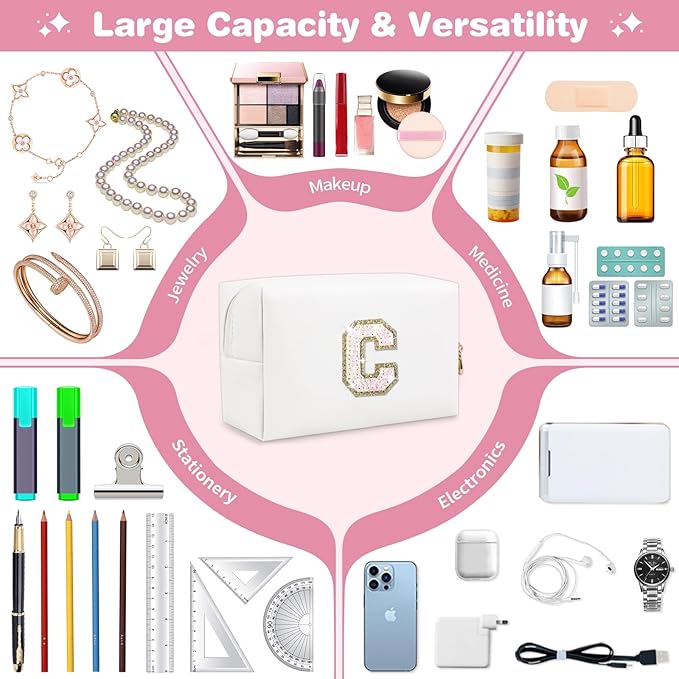 Small Initial Patch Makeup Bag Personalized Gifts Make Up Bag,White Cute PU Leather Glitter Letter Cosmetic Bag with Zipper,Trendy Portable Travel Toiletry Pouch,Preppy Stuff for Teen Girls Women C