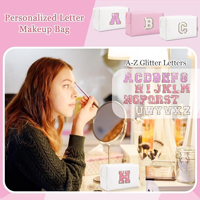 Glitter Initial Letter Makeup Bag, Small Personalized Sequins Letters PU Leather Cosmetic Bag Portable Waterproof Makeup Zipper Pouch, Shine Handbag Organizer Travel Bag Gifts for Women&Girls(White-H)