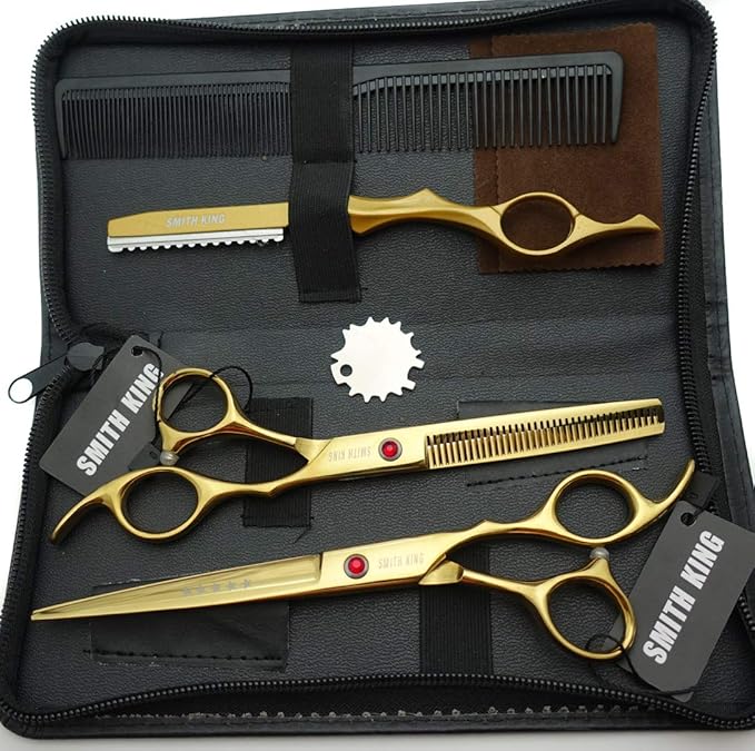 7.0 Inches Professional hair cutting thinning scissors set with razor (Gold)