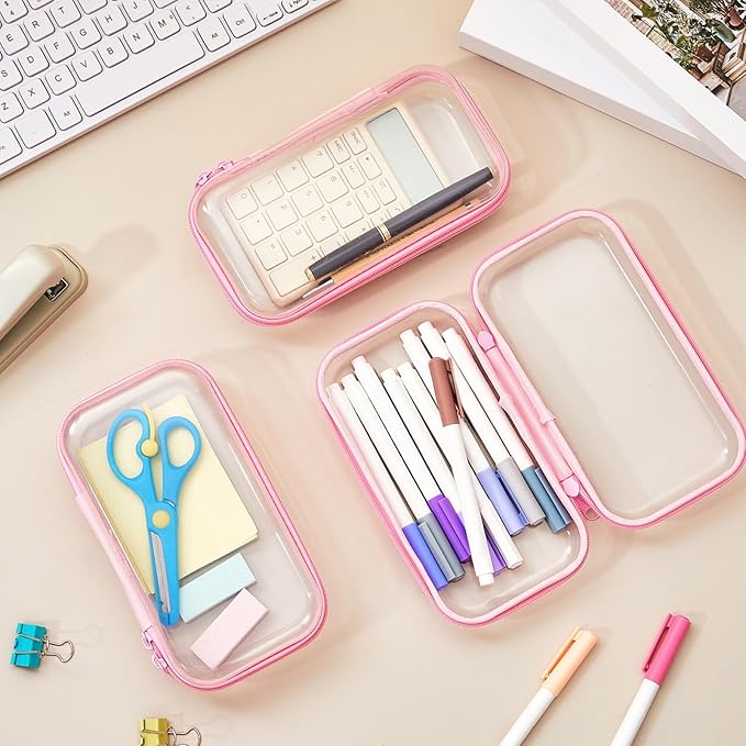 Hoolerry 3 Pcs Clear Hard Zipper Case Plastic Pouch Transparent Hard Case Clear Makeup Bag Portable Travel Organizer Bin for Cosmetics, Building Blocks, Puzzles(Pink,S)