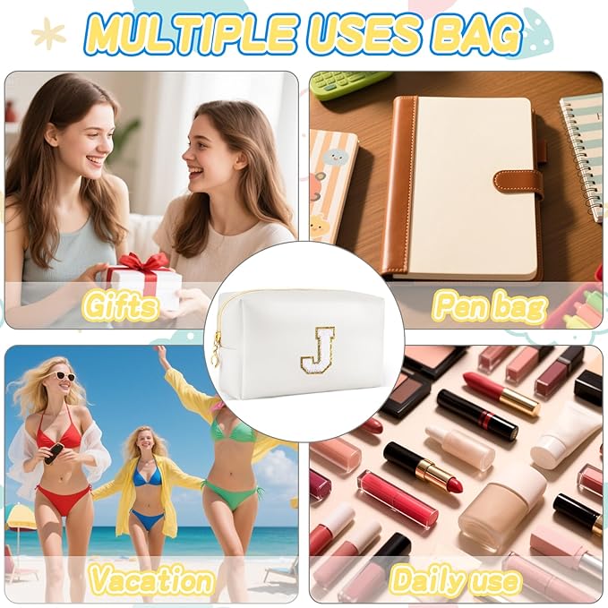Gifts for Girls Initial Makeup Bag Personalized Cosmetic Bag with Zipper Cute Travel Toiletry Bags Waterproof PU Preppy Makeup Pouch Birthday Gift for Teen Girls Women(White J)