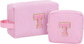 Initial Makeup Bag Cosmetic Bag Bridal Shower Gifts - Bridesmaid Bag,Bridesmaid Proposal Gifts for Wedding Day,Maid Matron of Honor Gift, Bride to be Gifts,Bachelorette Party Favors,2PCS,Pink T
